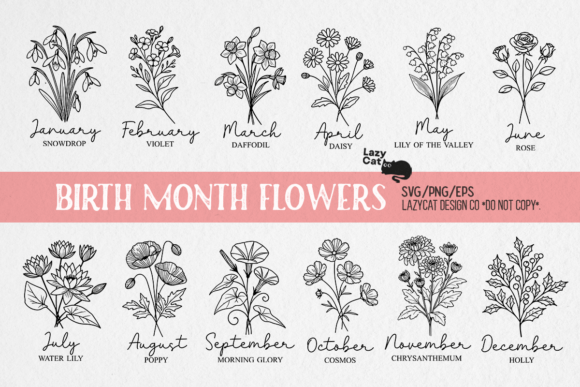 Birth Month Flowers Line Art SVG Bundle: Graphics & Illustrations