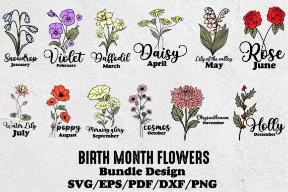 Birth Month Flowers SVG PNG Bundle: Graphics & Illustrations