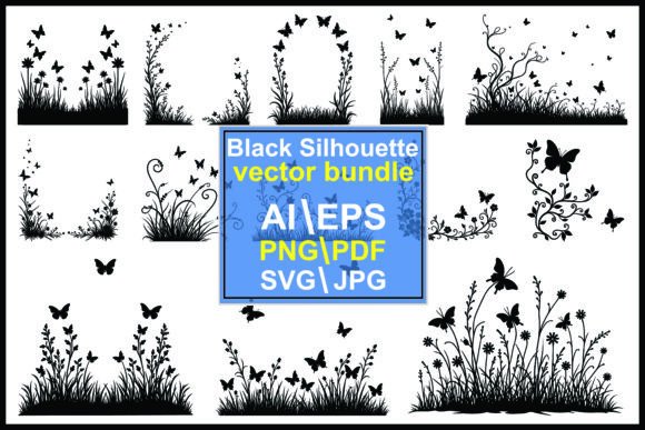 Butterflies with Flowers Silhouette: Graphics & Illustrations