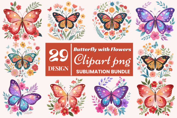 Butterfly with Flowers Clipart PNG Bundle: Graphics & Illustrations