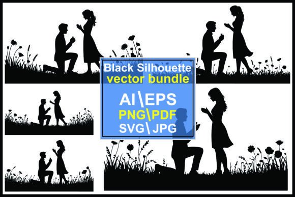 Couple Proposing Flowers Silhouette Graphics & Illustrations