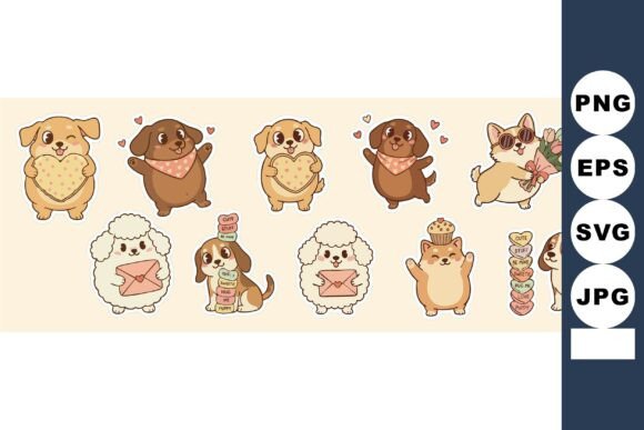 Cute Dogs with Hearts Flowers Art: Graphics & Illustrations