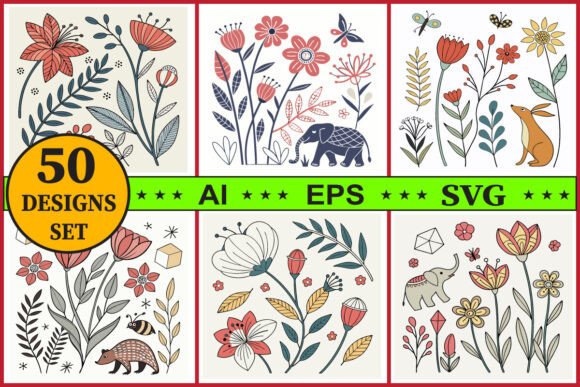 Folk Art Flowers Animal Bundle: Graphics & Illustrations