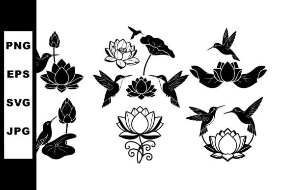 Hummingbirds and Lotus Flowers Black Sil Graphics & Illustrations