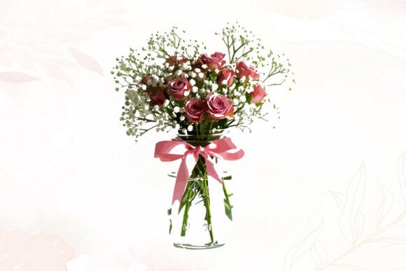 Mason Jar Bouquet of Pink Roses: Graphics & Illustrations