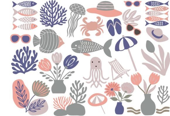 Ocean Summer Beach Coral Fish Flowers: Graphics & Illustrations