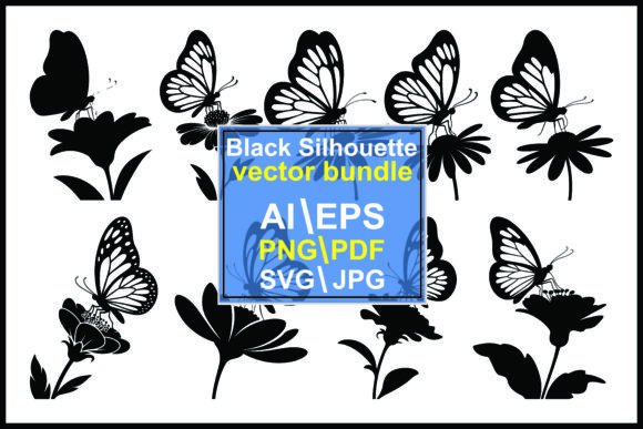 Silhouette Butterflies on Flowers: Nature Graphics & Illustrations