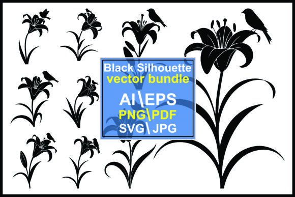 Silhouette Lilies Birds Flowers Nature: Graphics & Illustrations