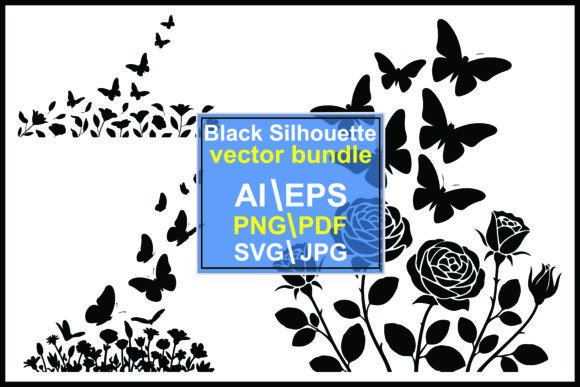 Silhouette Roses Butterflies Wildflowers: Graphics & Illustrations