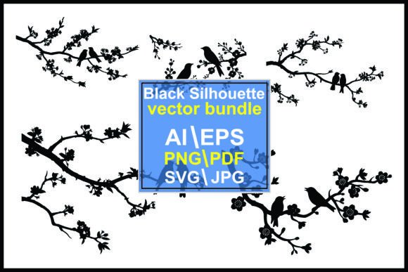 Silhouettes of Birds Branches Flowers Graphics & Illustrations