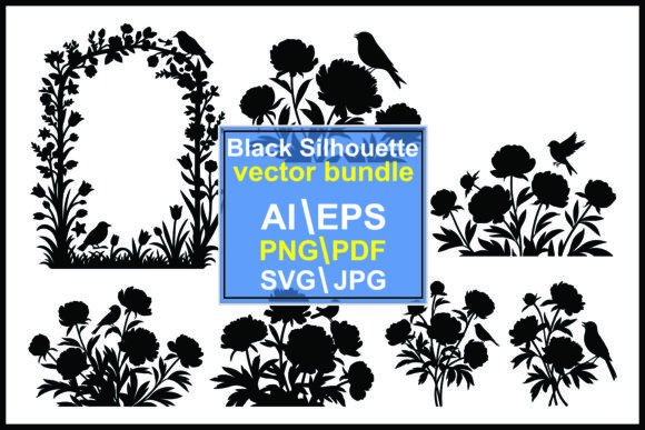 Silhouettes of Flowers and Birds Bundle: Graphics & Illustrations