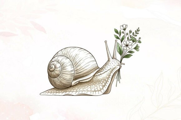 Snail Carrying White Flowers Sketch: Graphics & Illustrations