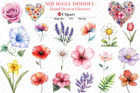 Squiggle Doodle Hand Drawn Flowers PNG: Graphics & Illustrations
