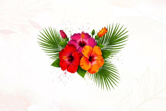 Tropical Hibiscus Flowers and Palm Leave Graphics & Illustrations