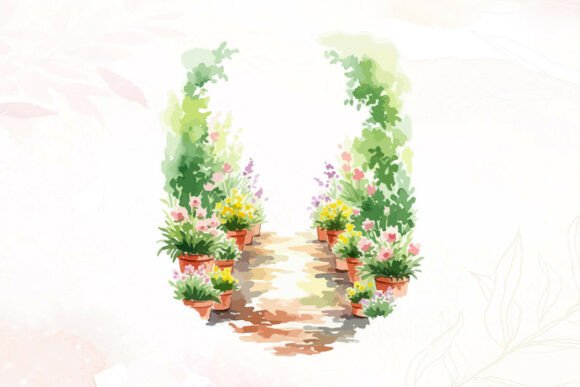 Watercolor Lush Garden Path Flowers: Graphics & Illustrations