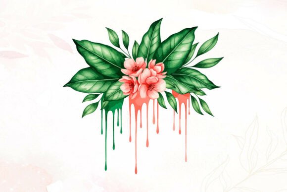 Watercolor Pink Flowers Drips Vector: Graphics & Illustrations