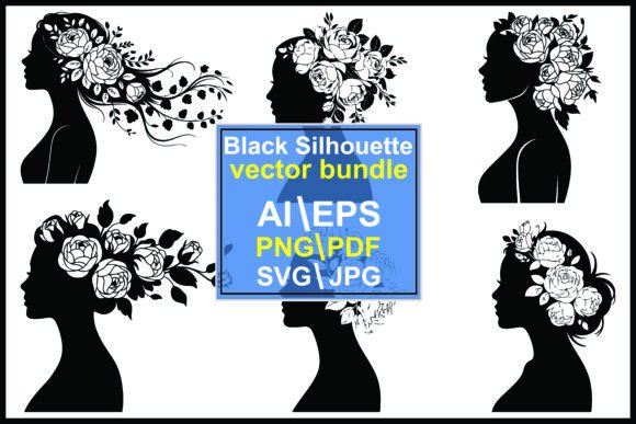 Women with Flowers Hair Silhouette: Graphics & Illustrations